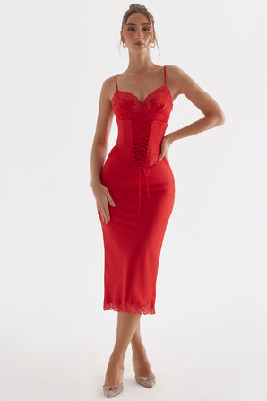 SAMARA RED SLIP-ON MIDI DRESS