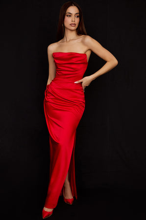 ADRELLY RED SATIN STRAPLESS DRESS