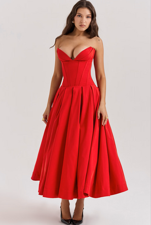 MADAME SCARLET RED STRAP-ON MIDI DRESS