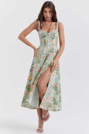 SABRINA LIGHT GREEN FLORAL MIDI DRESS