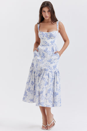 ISA IVORY FLORAL LIGHT BLUE MIDI DRESS